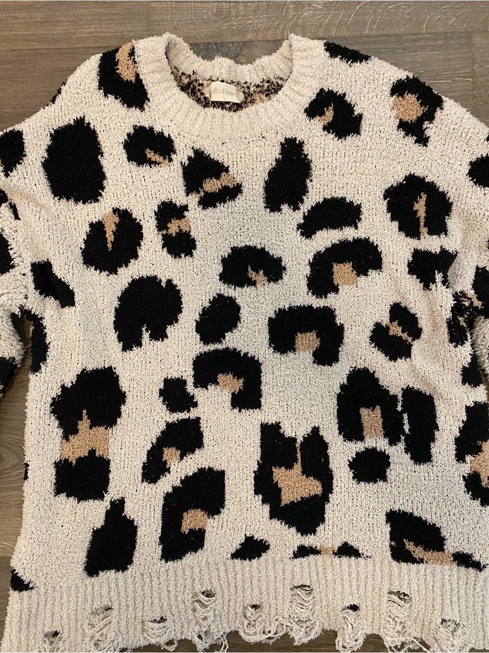 Altar'd State Cream Leopard Print Distressed Crewneck Sweater - Picture 2 of 4
